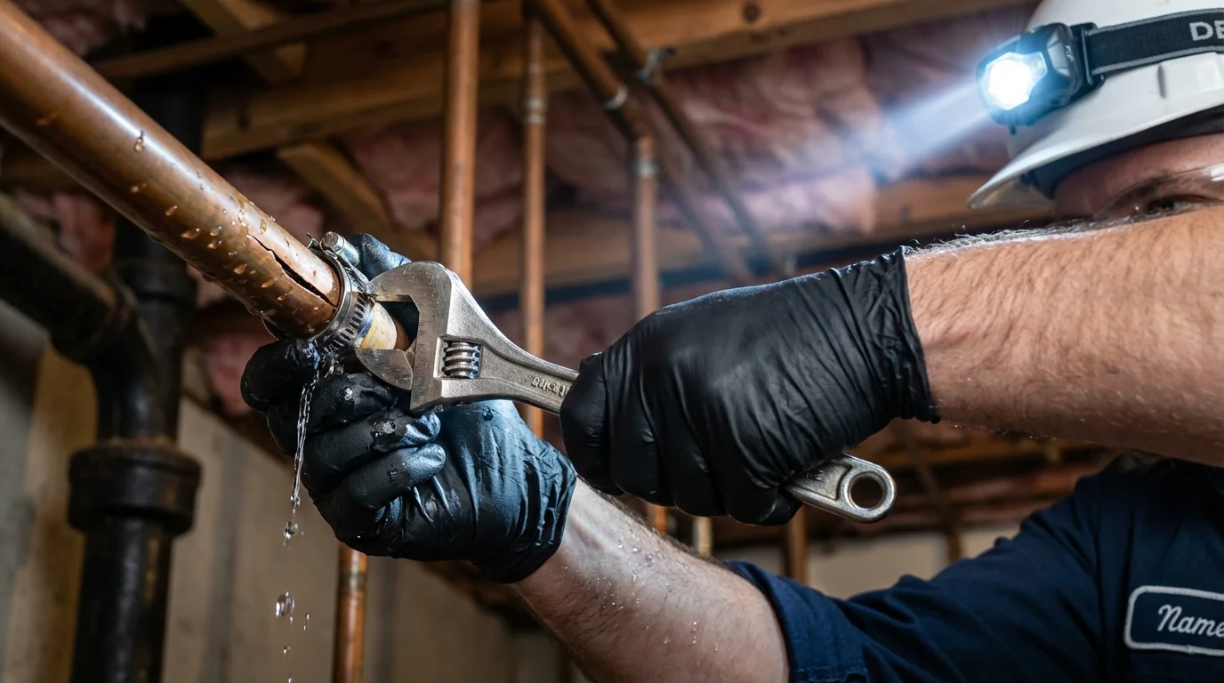 Emergency pipe clamp repair being performed by a Johns Plumbing LLC plumber in Commerce