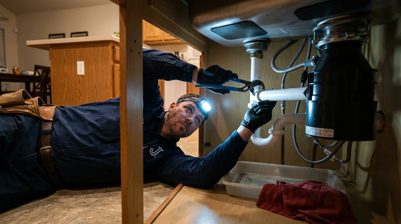 P-trap and supply line connections under a kitchen sink showing a common leak point in Commerce, OK
